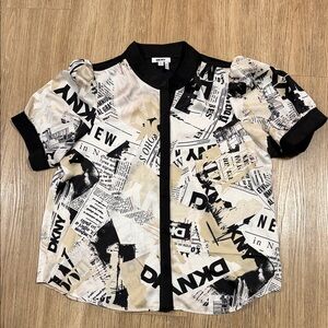 New DKNY Black, Cream & White Newsprint Button-Front Blouse size XL